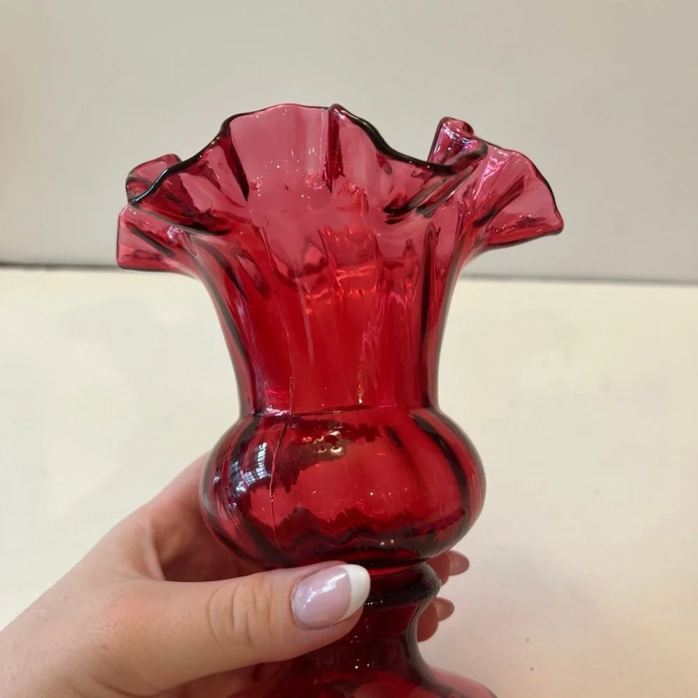 Vintage Fenton Cranberry Pink Ruffled Footed Vase